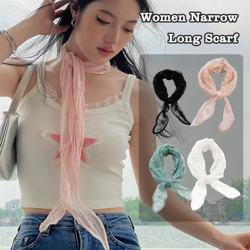 1pcs Women Lace Scarf Sweet Embroidered Narrow Long Color Silk Ribbon Scarf Scarf Long Z5d1