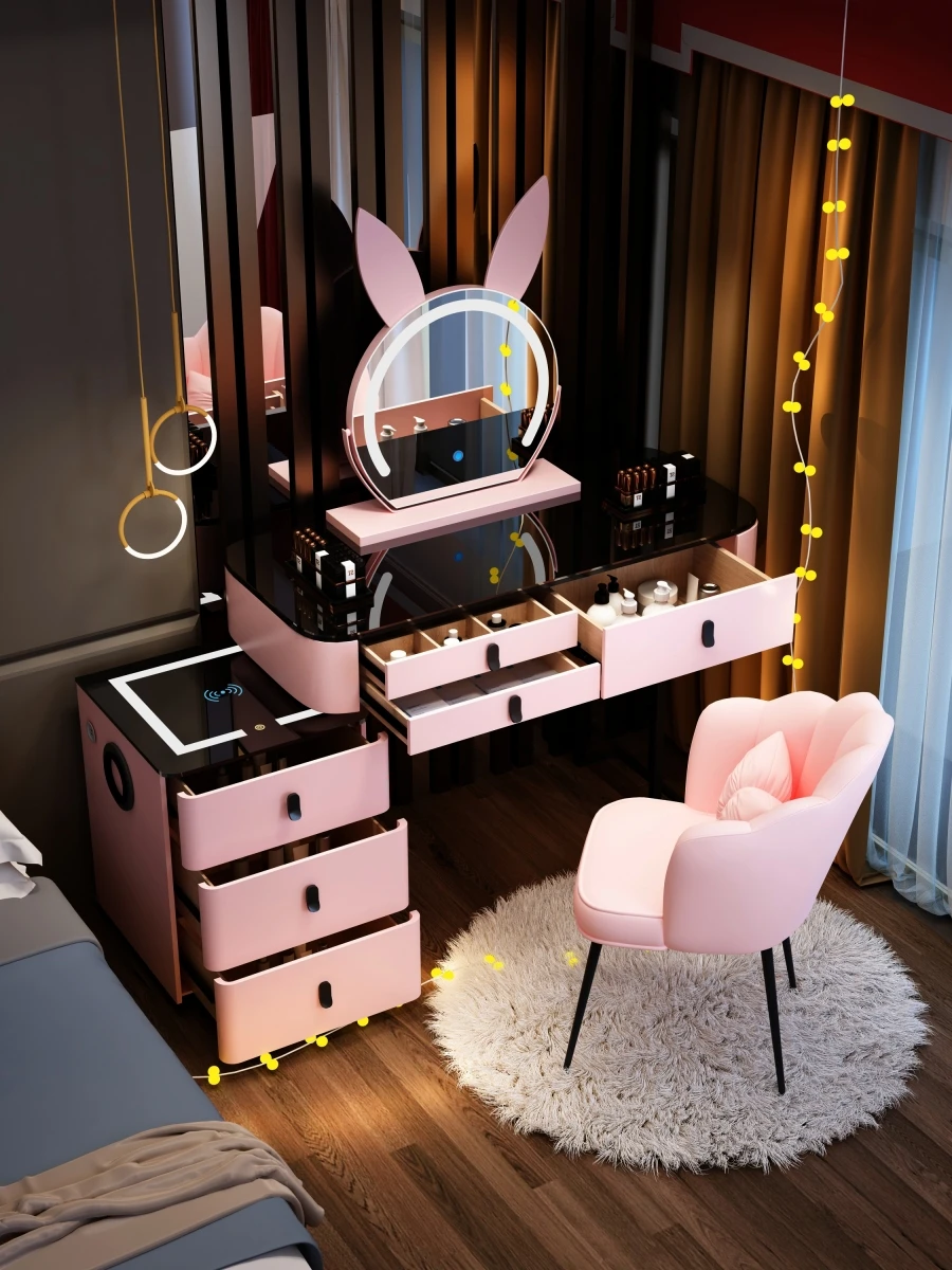All solid wood smart wireless charging dresser bedroom modern simple light luxury rock slab makeup table storage cabinet