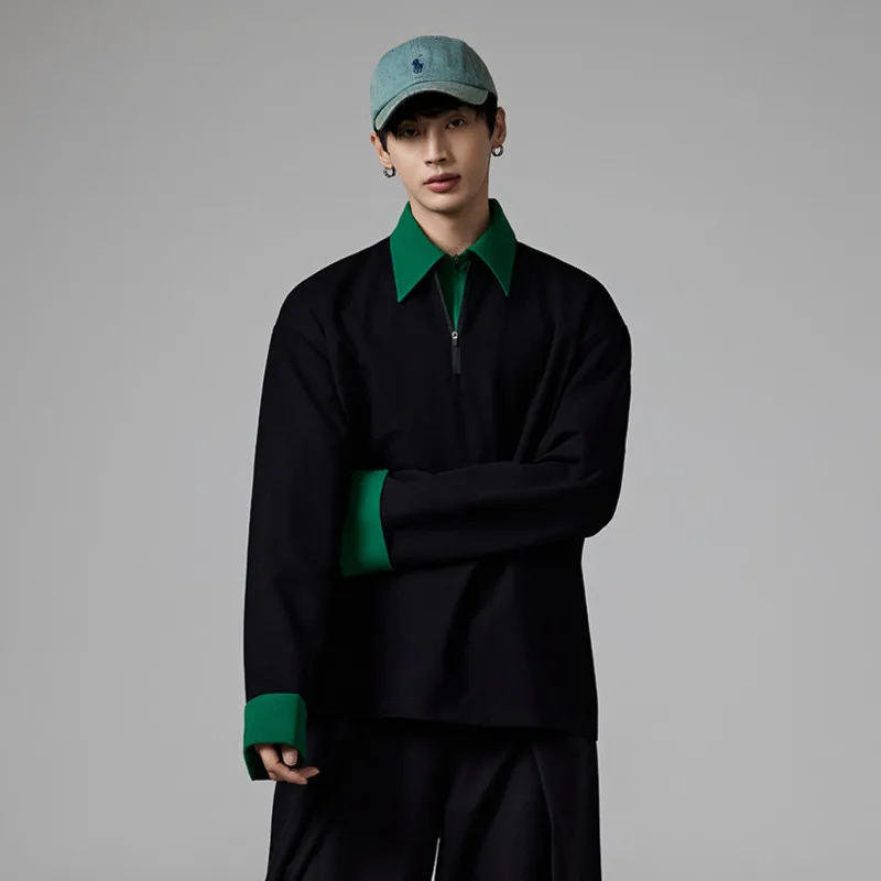 HKSH Spring Autumn New Men Korean Double Collar Patchwork Contrast Color T-shirt Top Elegant Casual Long Sleeve Pullover HK18535