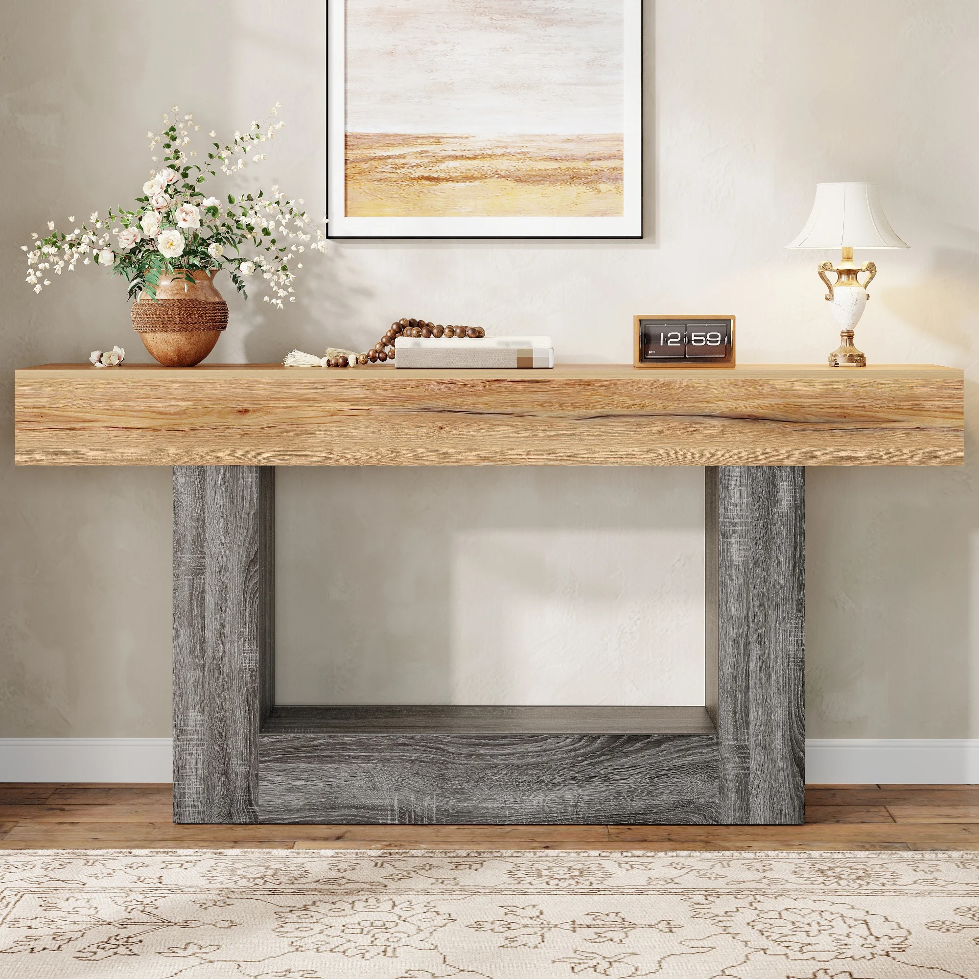 Table console bicolore avec finition imitation bois, étagère supérieure épaisse et étagère de rangement inférieure, table d'entrée pour salon, couloir, en aggloméré durable, style rustique Wabi-Sabi