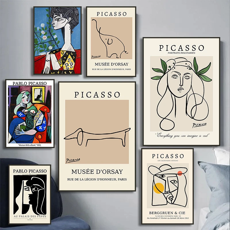 Pablo Picasso Exhibition Poster Retro Face Canvas Abstract Line Pigeon Sausage Dog Modern Gallery Wall Art Home Decoration