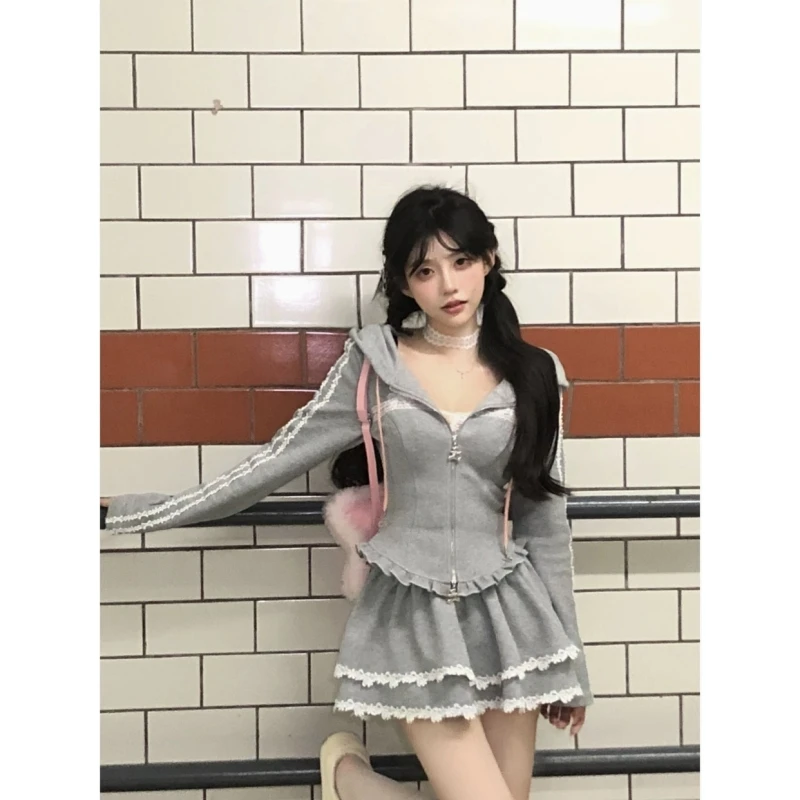

Sweet Lace Patchwork Hoodie And Skirt Slimming Women's Two-Piece Set Fashionable Casual Wear for Autumn Season