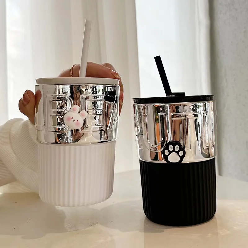 

Glass Cup Female High Beauty Coffee Cup Premium Light Luxury Milk Cup Household Drinking Straw Cup Tea Making Cup