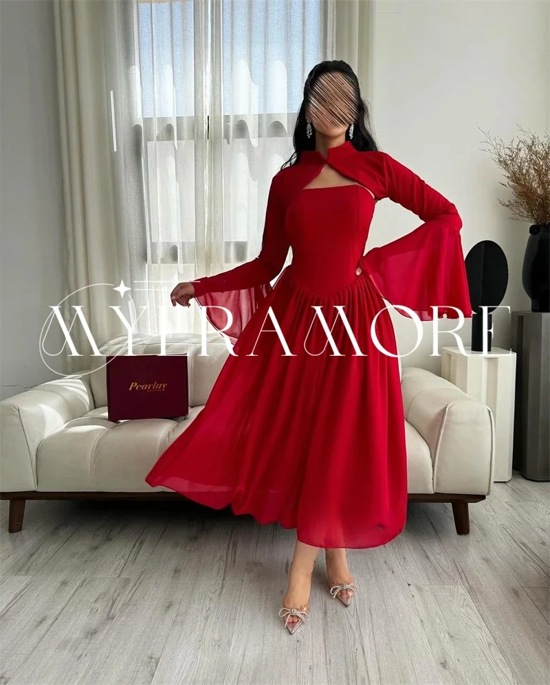 فساتين سهرة شيفون بسيطة للنساء على شكل حرف A وأكمام طويلة ورقبة عالية وطول الشاي فساتين لحضور الحفلات الموسيقية مخصصة