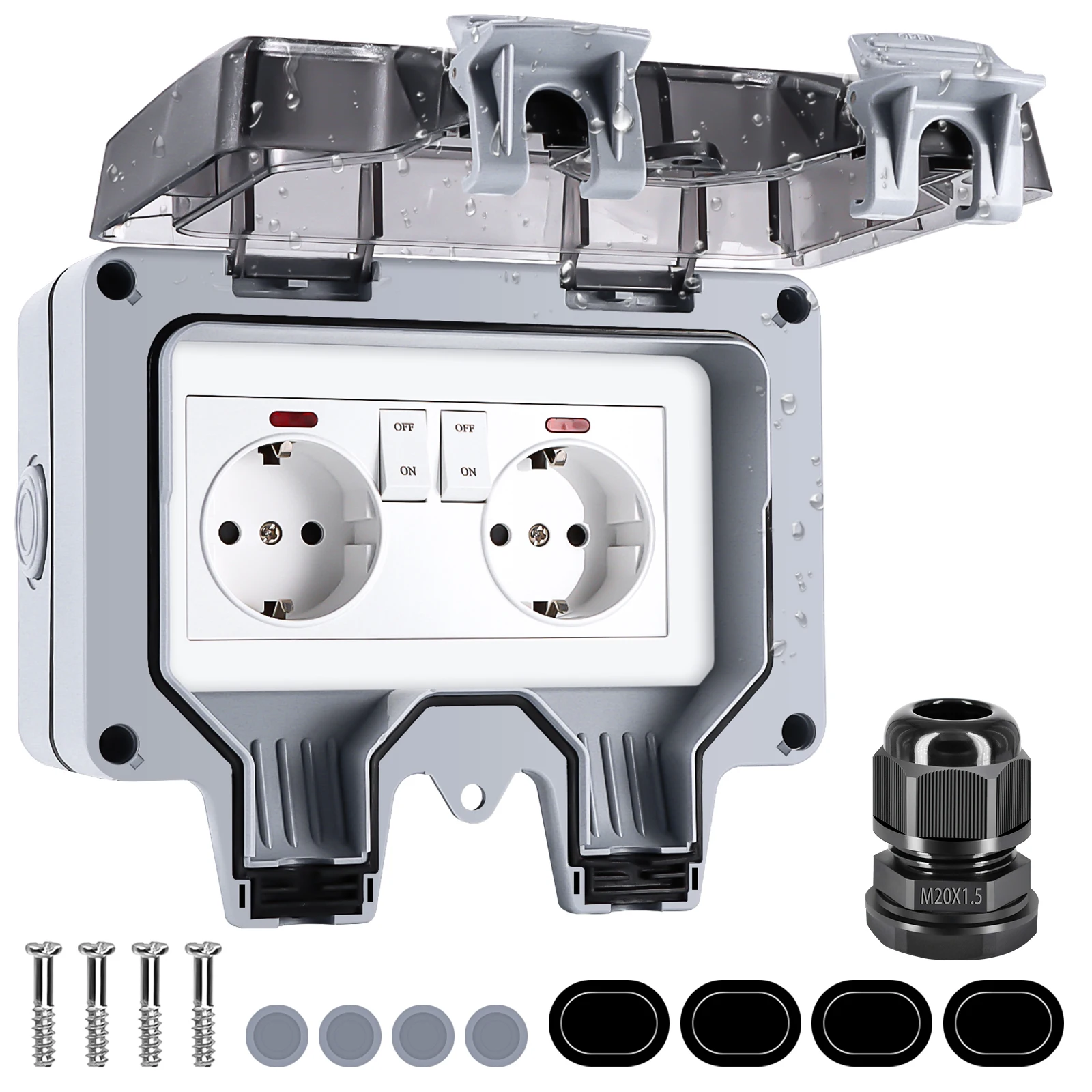 Enchufe Exterior con Interruptor e Indicador Luminoso, IP66 Impermeable, Enchufe de Pared para Jardín, Montaje Superficial, Contacto Protector con Tapa Abatible