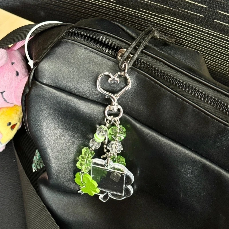 Lucky Green Color Clover Key Holder Korean Casual Cute Portable Mini Photo Card Protector Keyr Ring Earphone School Pendnat