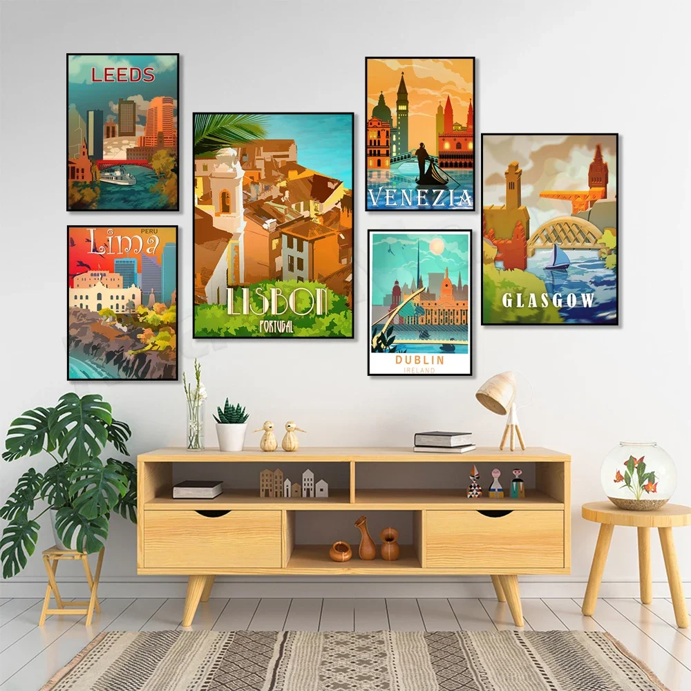ملصقات السفر مع أفق تورونتو، لشبونة، ليما بيرو، ليدز، بودابست، أيرلندا دبلن، كارديف ويلز المملكة المتحدة، البندقية، نوريمبرغ #2