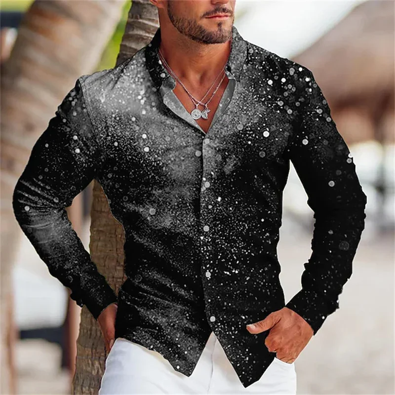 Men's casual versatile fashion street men's shirt lapel single-breasted long-sleeved top men's spotted black long-sleeved shirt