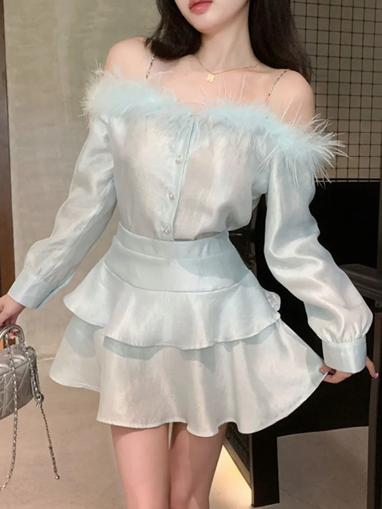 French style one shoulder suspender with fur fringed long sleeved top+high waist cake skirt fashionable set for women autumn