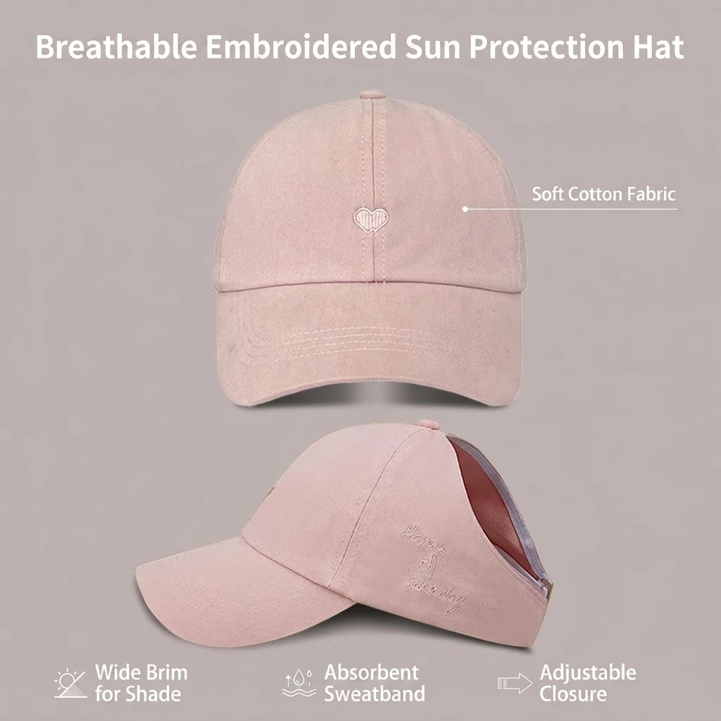 Women's Baseball Cap Summer Sun Protection Embroidered Breathable Duckbill Hat Adjustable Strap for Outdoor Activities