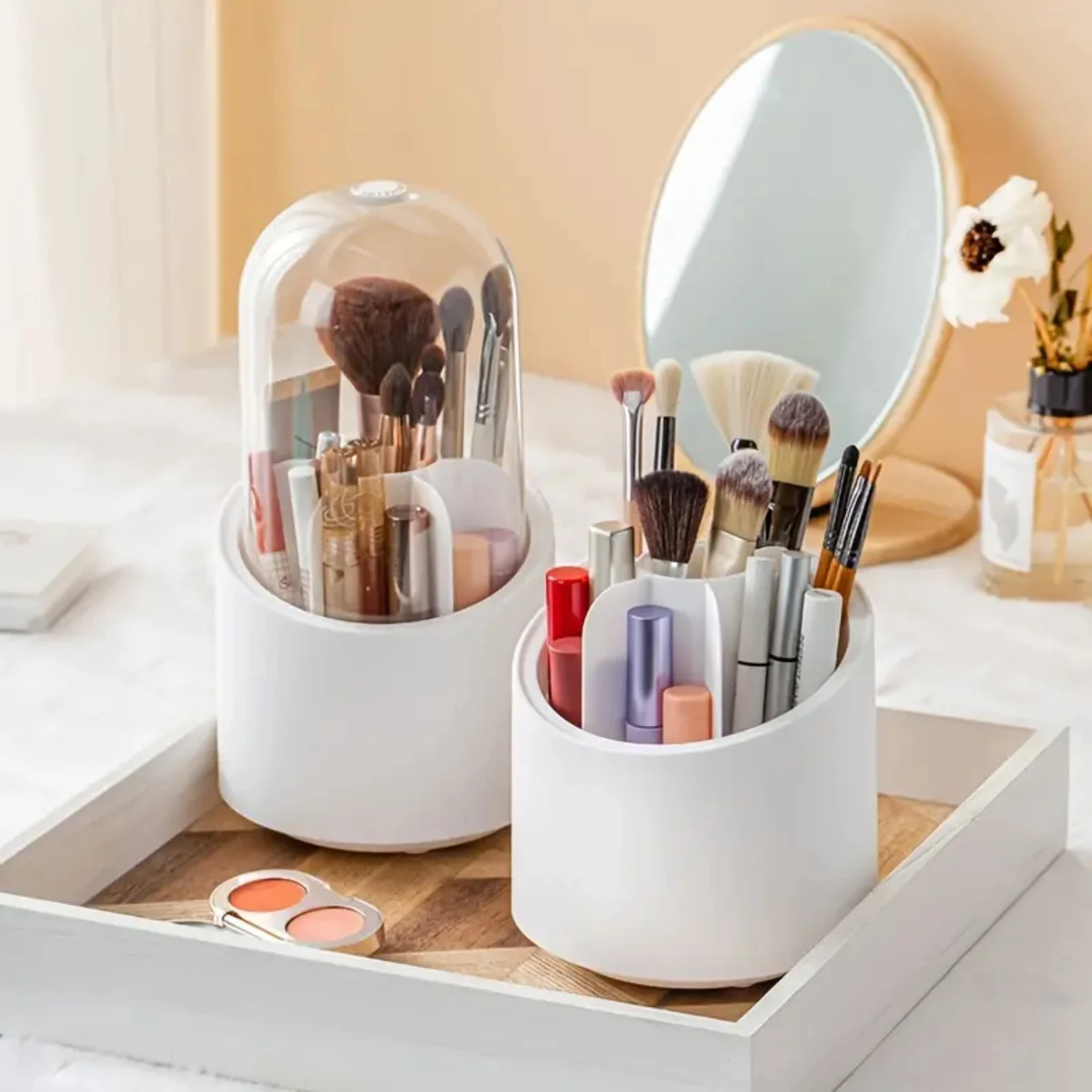 

Portable Makeup Brush Holder with Dustproof Cover, 360 Degree Rotatable Cosmetic Storage Box Organizer Case for Bedroom Vanity B