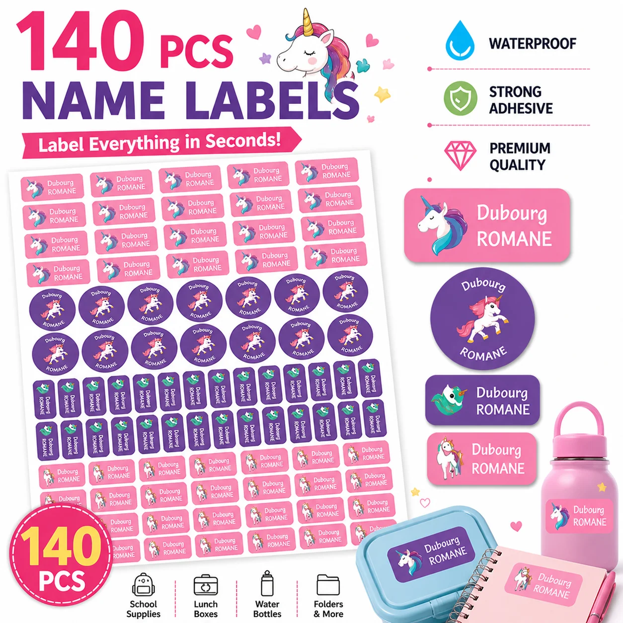 TREES 140PCS Etiquetas adhesivas personalizadas impermeables con nombre, estilo de dibujos animados, nakrjki na ubrania imie, autocolants personalizados prenom