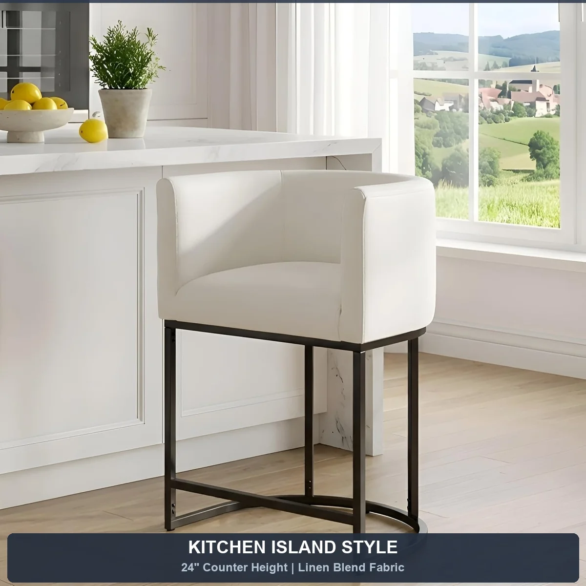 Bar Stools Set of 3 Counter Height Cream Upholstered Black Metal Frame 24 Inch Contemporary Kitchen Island Open Back Support