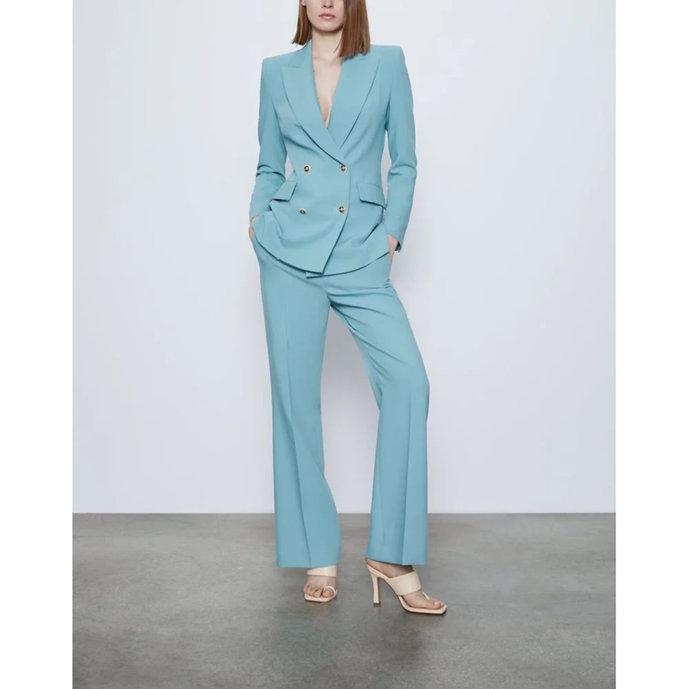 

Blue Double Breasted Women Set New Female Two Pieces (Blazer+Trousers) Formal Evening Party Suits Daily Office Lady Set