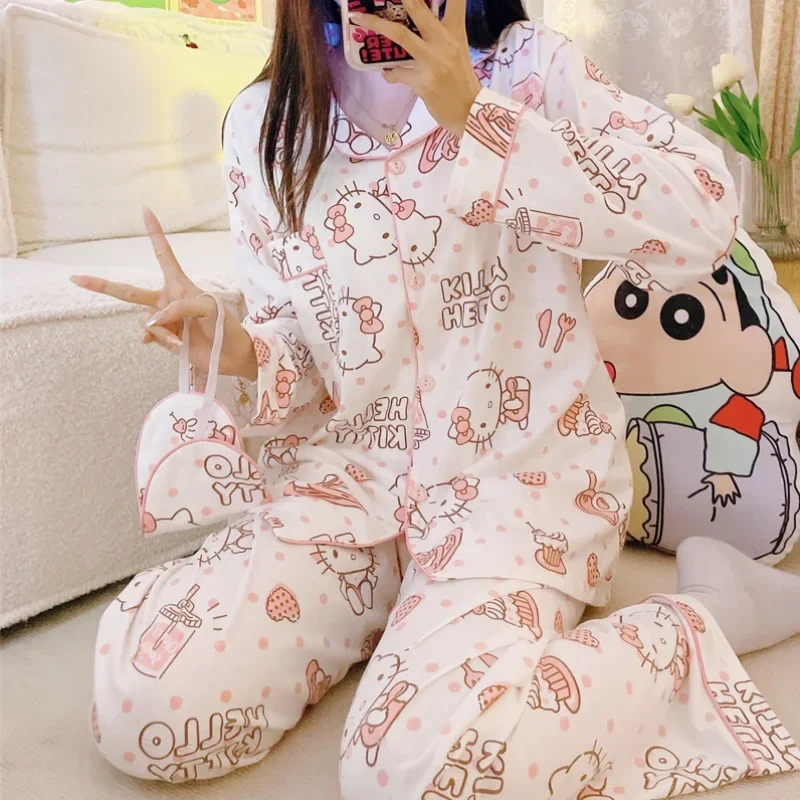 Sanrio Hello Kitty pajamas winter women's suit thermal women's pajamas long sleeves trousers two-piece set HelloKitty loungewear