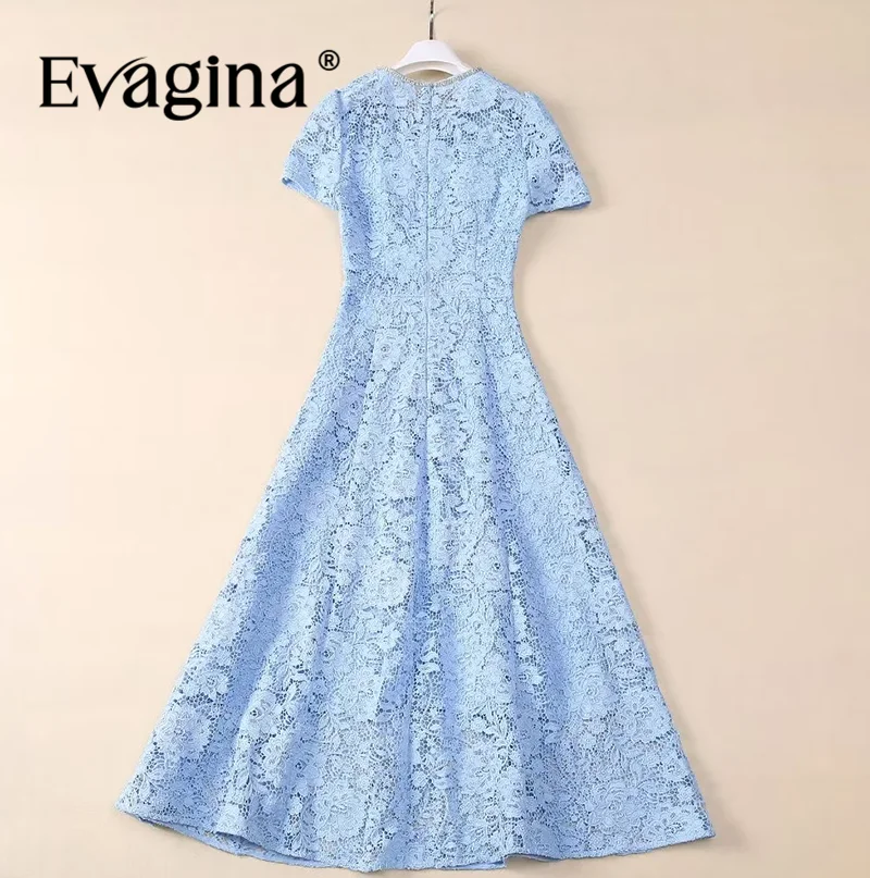 Evagina Fashion Design Summer Women's Lace Short-Sleeved Round neck Crystal Beading Vintage Temperament Party Dresses