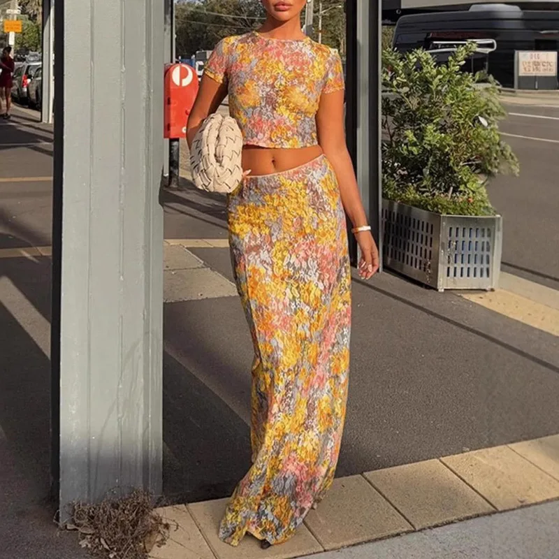 

Round Neck Printed Slim Top Skirt Set For Women Summer Fresh Sweet Color Set Comfortable And Breathable Long Skirt Daily Outfit