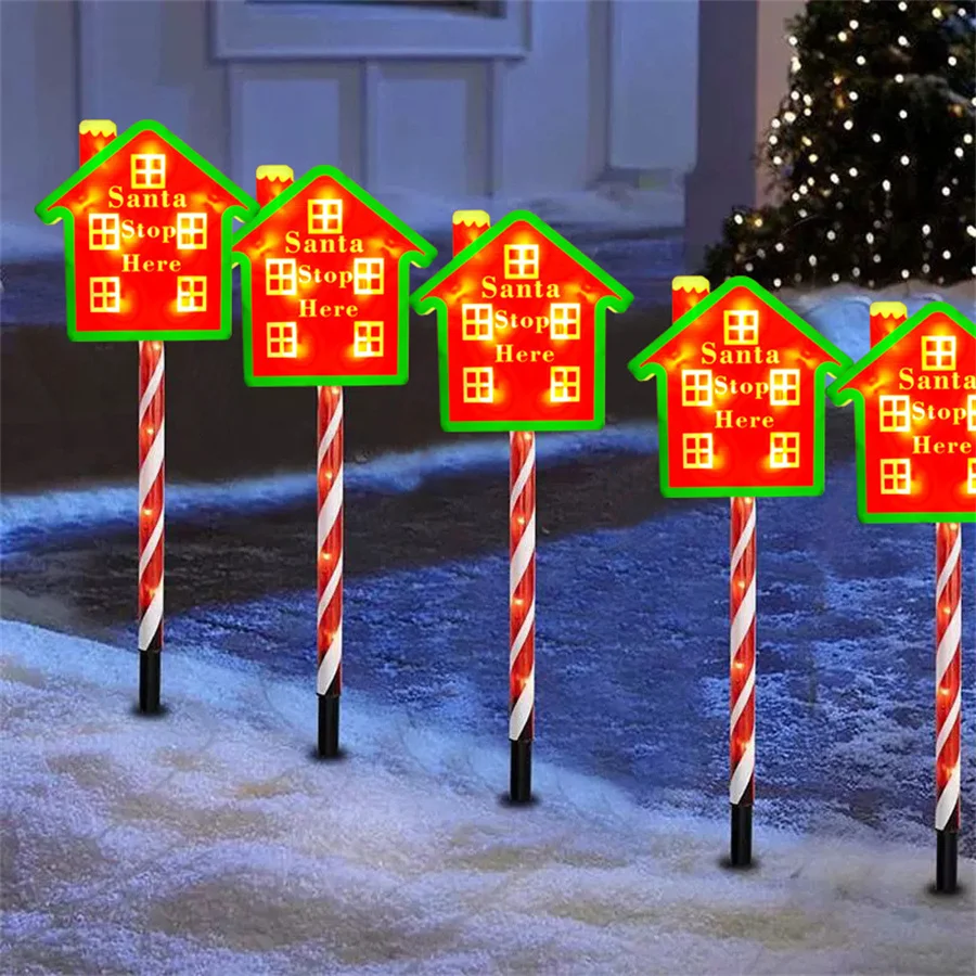 

5 Pack Solar Christmas Santa Stop Here Lights Outdoor Christmas Stop Sign with Stakes Candy Cane Pathway Light for Garden Decor