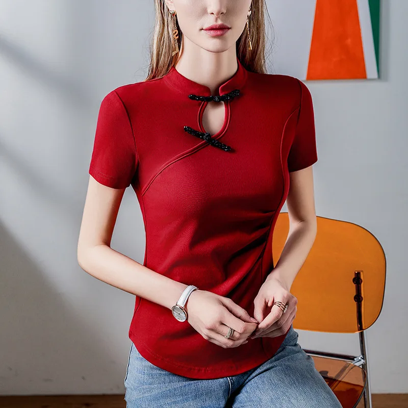 #4404 Black Red Vintage Short Sleeve T Shirt Women Stand Collar Button Hollow Out Sexy Skinny Asymmetrical T Shirt Female Cotton