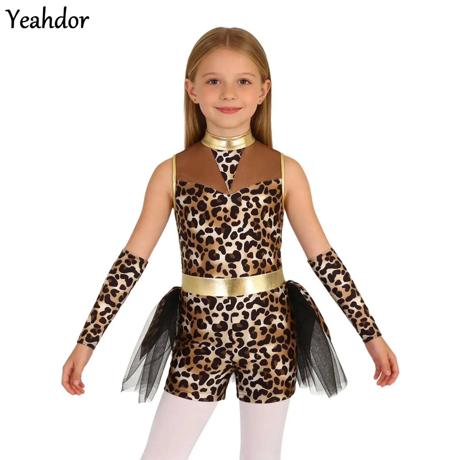 

Halloween Primitive Caveman Cosplay Girls Prehistoric Cave Stone Metallic Leopard Print Jumpsuit with Gloves Tutu Skirt Rompers