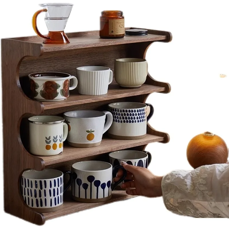

Black Walnut Multilayer Storage Rack Living Room Desktop Coffee Cup Water Cup Storage Rack Vintage Dining Table