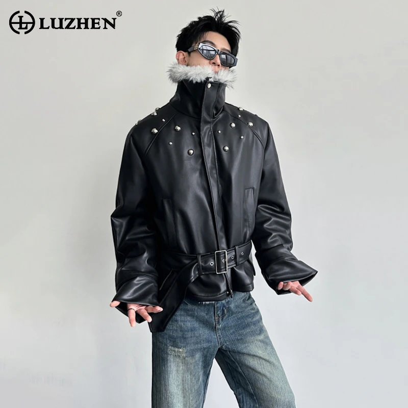 

LUZHEN 2025 Winter New High Quality Faux Fur Liner Warm Stand Neck Leather Parka Jacket Men Fashion Handsome Padded Coat JY5619