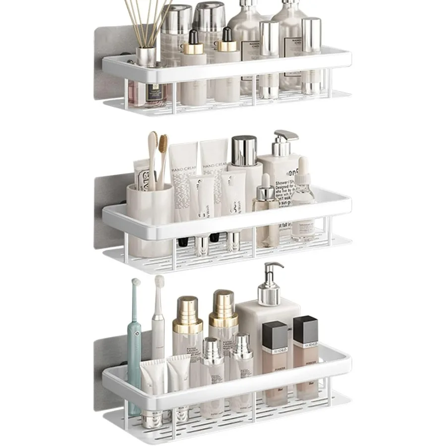 منظم دش مثبت على الحائط مع قاعدة لاصقة للحمام والمرحاض، حامل شامبو من الألومنيوم مكون من 3 طبقات، تصميم مضاد للصدأ بدون حفر #1