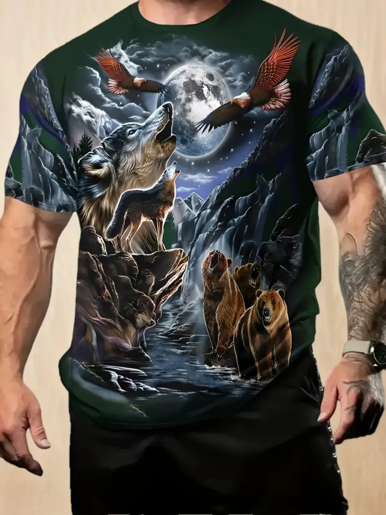 

3D Wolf & Eagle Mountain Moon pattern Men's T-shirt Polyester Material Fun Printing Short-sleeved T-shirt