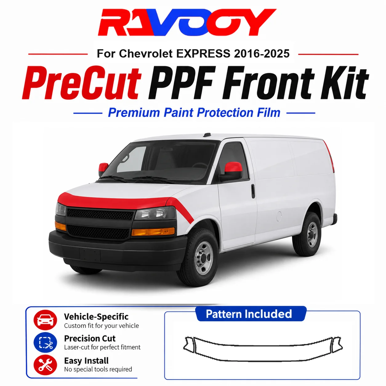 

8.5mil TPU Precut PPF Kit For Chevrolet EXPRESS 2016-2025 - Hood, Fenders & Mirror Set - Self-Healing Clear Bra Film