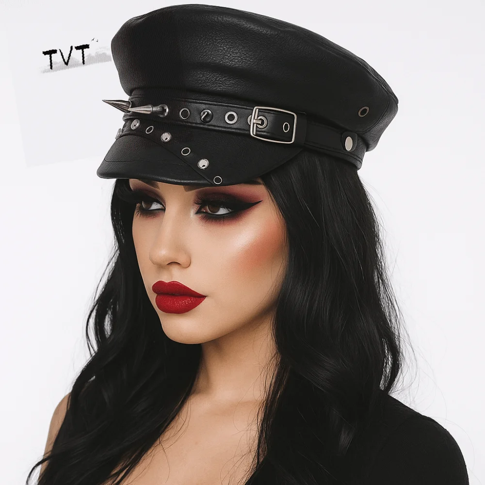 

Retro Hip-hop Rivet Leopard Hat Cool Gothic Y2k Beret Hat Silver Harajuku Flat Top Cap for Women