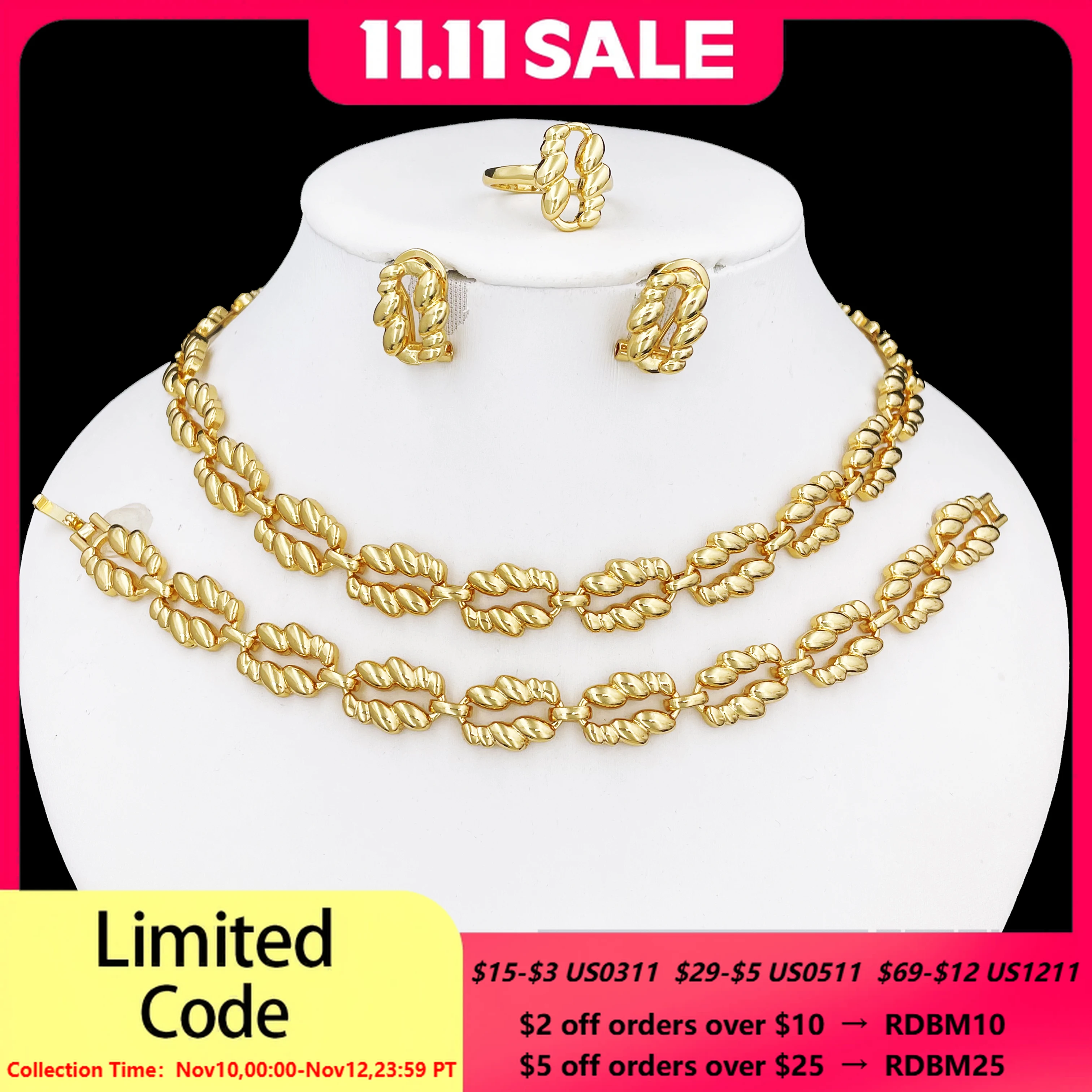 

Минималистичный стиль, комплект ювелирных изделий, 18-каратное позолоченное женское ожерелье, серьги, браслет и кольцо, 4 шт., комплект ювелирных изделий, подарок для свадебной вечеринки