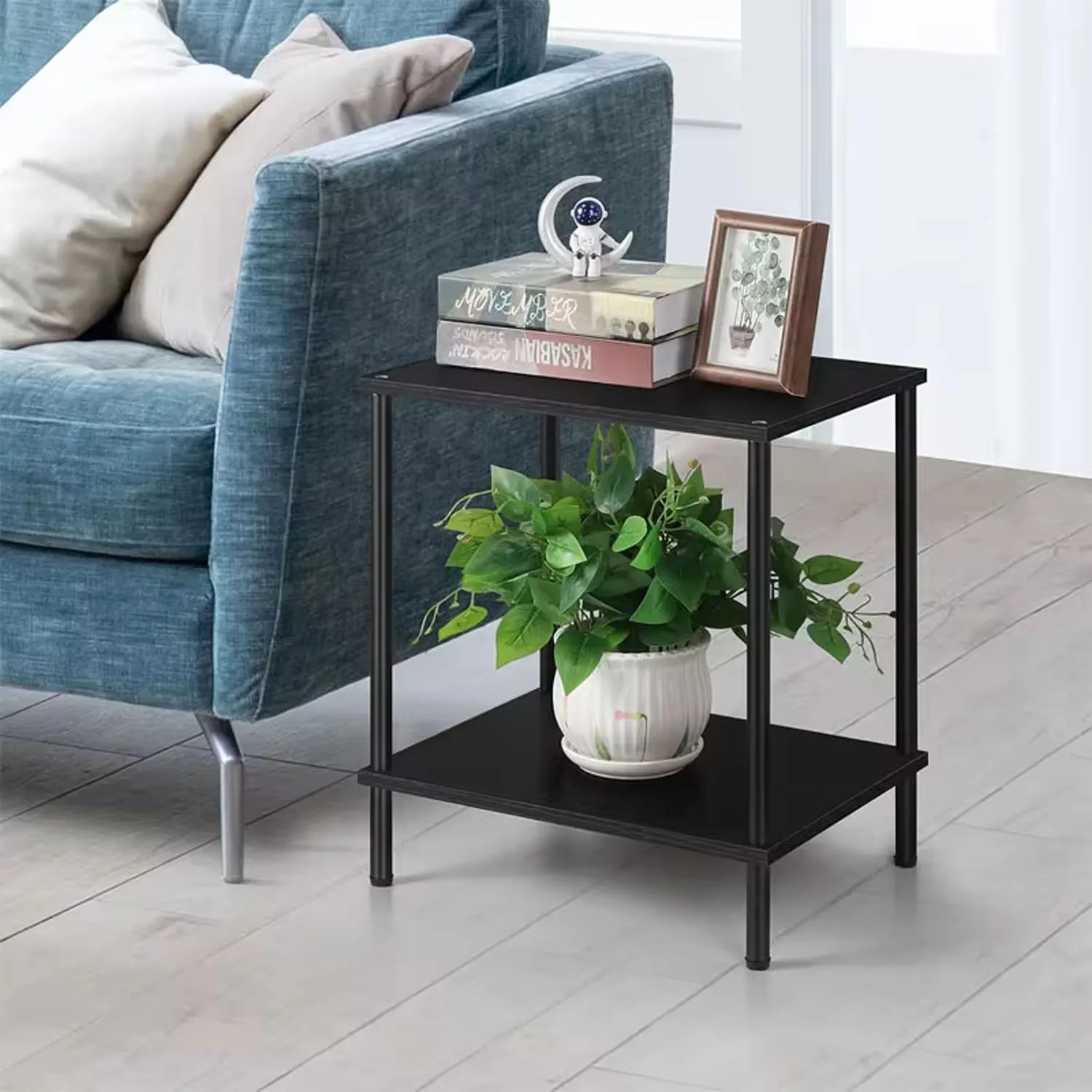 Black Narrow Side Table with Storage Shelf - Modern Square Bedside Table and Wood Nightstand for Living Room, Bedroom, and Offic