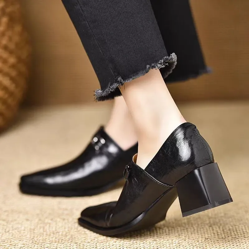 

High-heeled Shoes Women's New All-match Thick-heeled Pointed Leather Shoes Mid-heeled Black Professional Shoes Women's Shoes 40