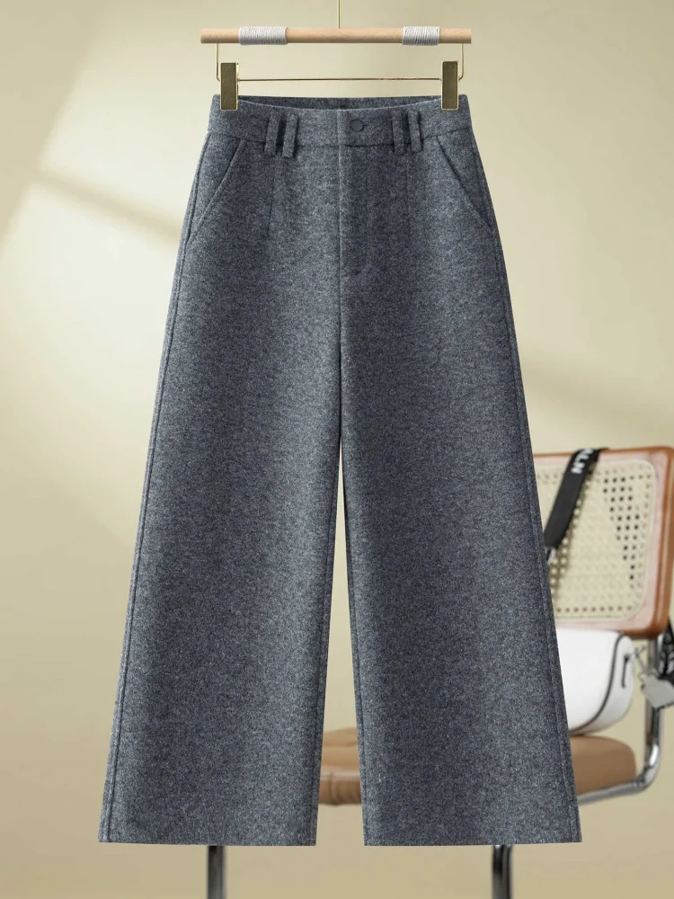 Profundo ey premium lã calças de perna larga feminina outono inverno thi calças de corte reto cintura alta ket detalhe commute sle