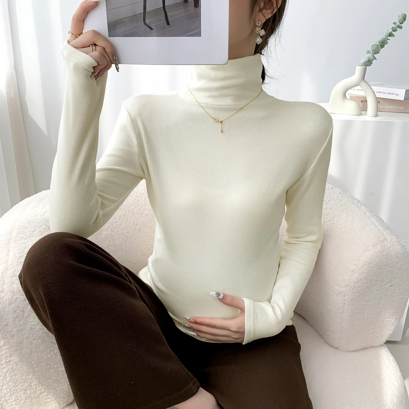 Kaus hamil gaya Korea, atasan hangat tebal melar, baju dasar wanita hamil mode, Turtleneck lengan panjang musim dingin, kaus bulu domba bersalin gaya Korea