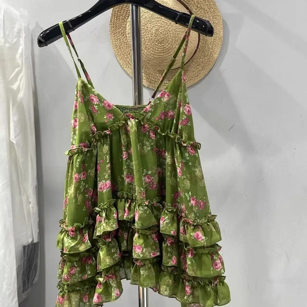 

South Korea's new Korean version 2025 retro vacation sweet floral ruffle edge suspender top