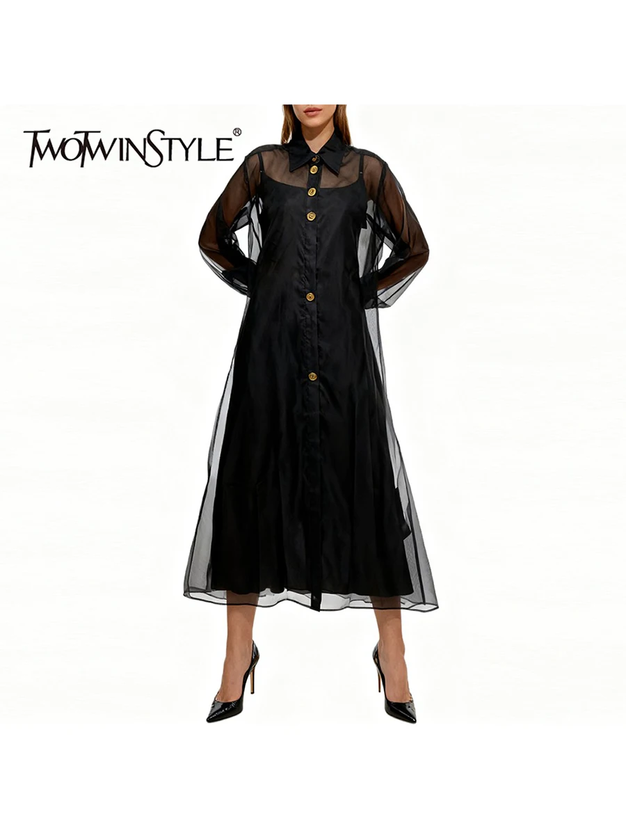 TWOTWINSTYLE Solid Loose Sheer Spliced Single Breasted Dresses for Women Lapel Long Sleeves Minimlaist Dress Female Clothing New
