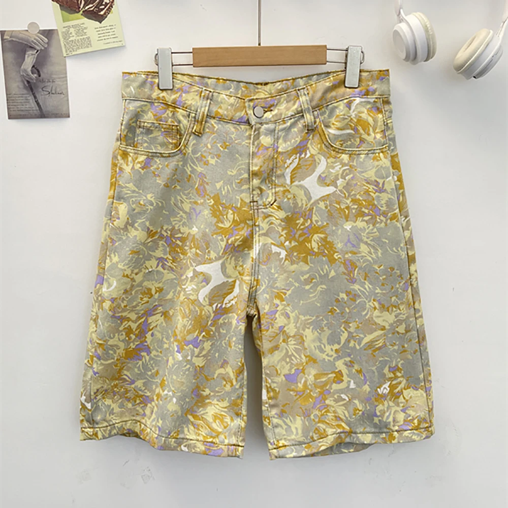 

Летние джинсовые шорты с принтом для мужчин, прямые шорты на молнии, американские повседневные модные уличные мужские джинсы до колена