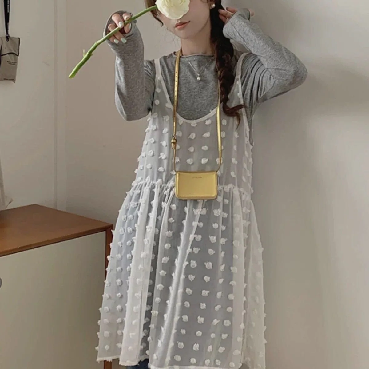 Women's Black White Chiffon Slip Dress With Dots Spring Summer One-Layer Sheer Cover-Up Sleeveless Dress Korean Fashion Ladies