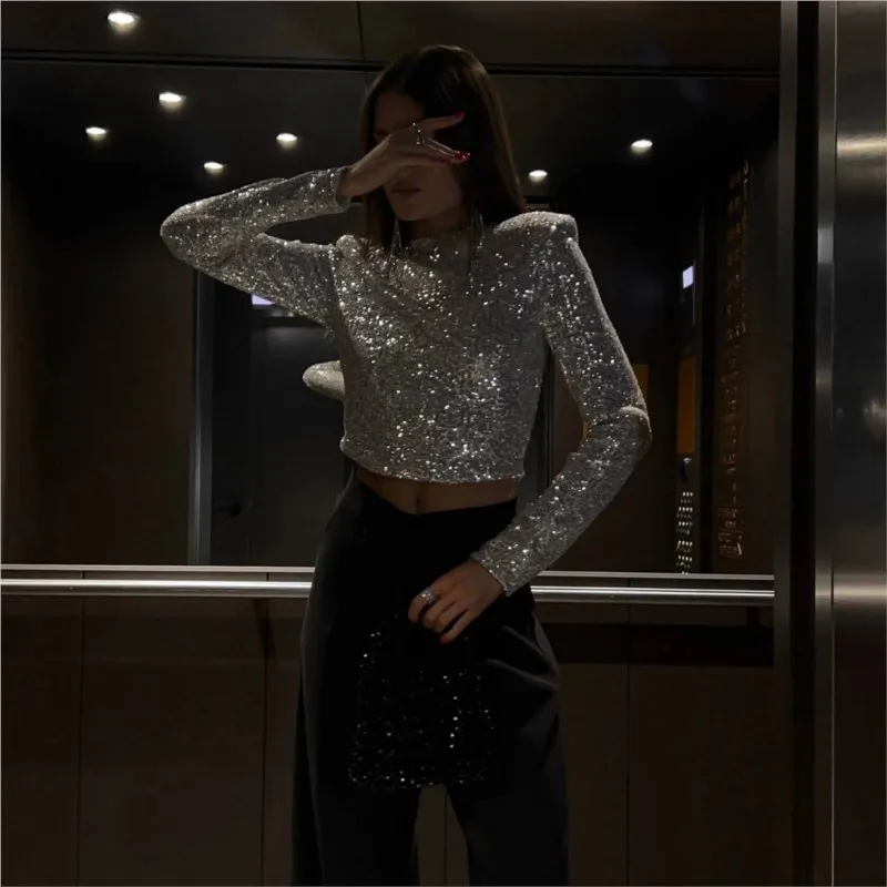 Glitter Sequin T-shirt Crop Top Female Long Sleeve Fashion Sexy Back Zipper T-shirts Casual High Street Sparkle Women Y2k Top