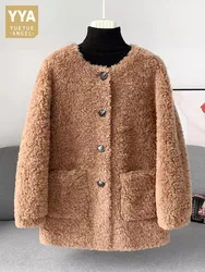 Winter Women Fashion Real Wool Coat O-Neck Single Breasted Casual Lamb Fleece Overcoat Fashion New Lady Sheep Shearing Jacket