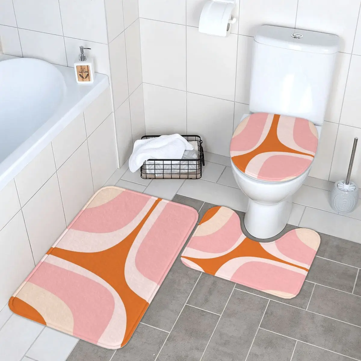 

Retro Groove Pink And Orange Minimalist Abstract 3 Pcs Bath Mat Bathroom Set Toilet Lid Cover Home Non-Slip Carpet Floor Rug