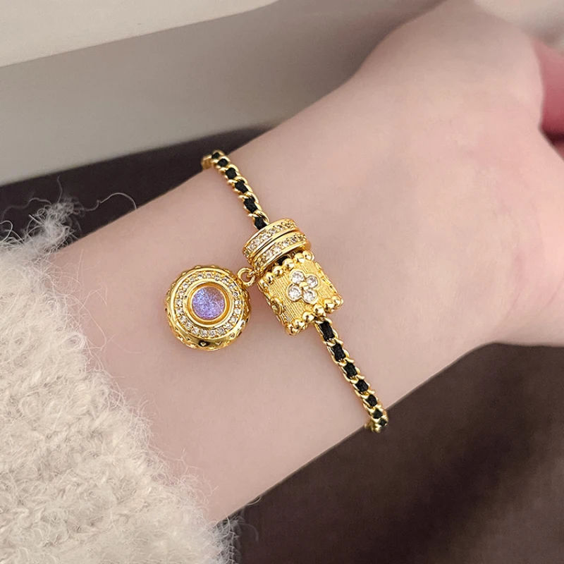 Classical Full Circle Diamond Round Pink Purple Crystal Bracelets for women Black Braided Rope Chain Bracelet Banquet Jewelry