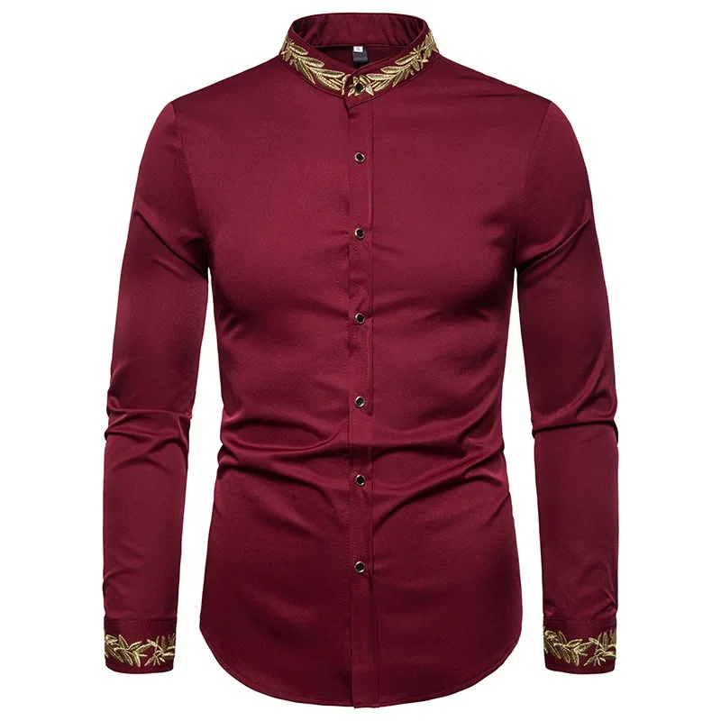 Men\'s Royal Blue Gold Embroidery Dress Shirts Brand Mandarin Collar Slim Fit Long Sleeve Shirt Men Party Wedding Dinner Chemise