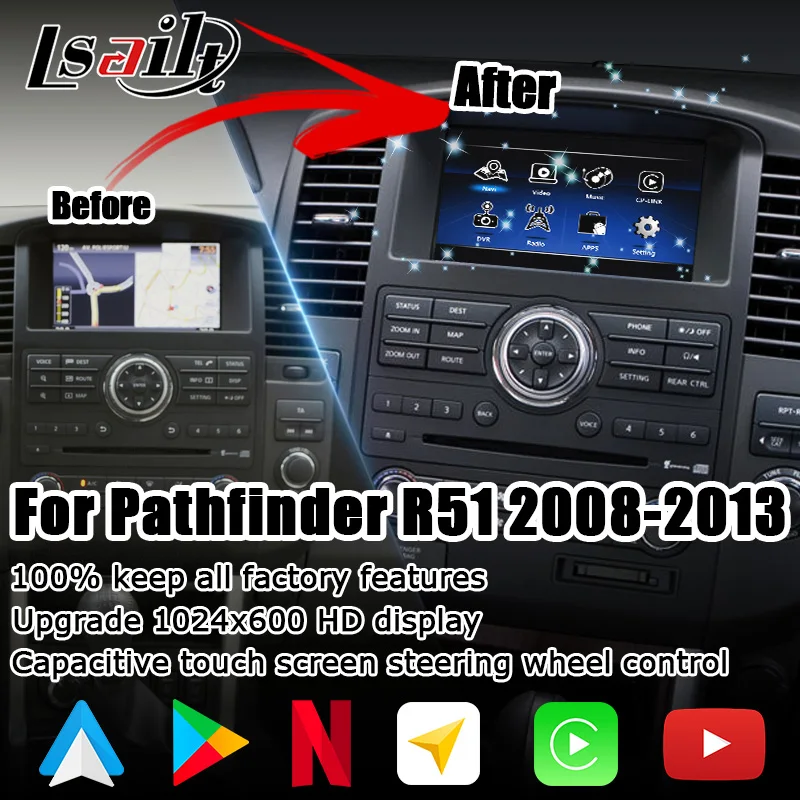 Android wireless CP AA HD screen upgrade for Nissan Pathfinder R51 2008-2013 with android media video bypass IT08 08IT Lsailt