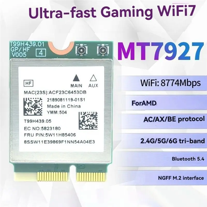 AC57-MT7927 Wifi7 Card+Wifi6e Antenna 2.4G/5G/6G Tri-Band 8774M BT5.4 Wireless Wifi Card Gigabit Wireless Network Card A