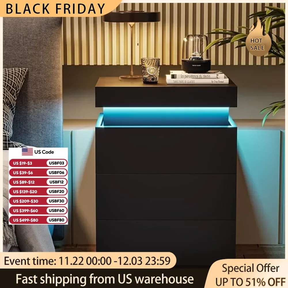 LED Bedside Table With 3 Bedroom Drawers 16-color Lights and 2 AC and 2 USB Ports Bedside Tables for the Bedroom Nightstands