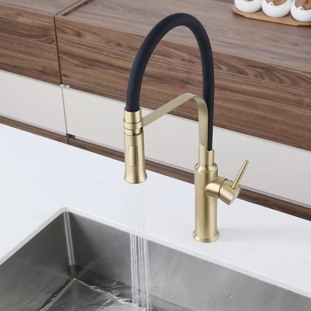 اللون الذهبي، 304 خلاط المطبخ الفولاذ المقاوم للصدأ بالوعة الحنفية، الماء البارد والساخن، نموذجين المياه خارج، مقبض واحد فتحتين