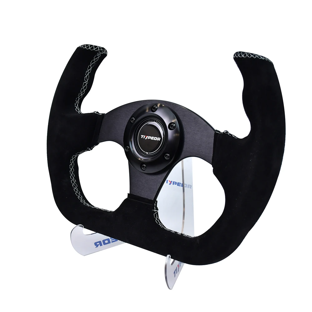 

TIYPEOR 13 inch D-shaped Opening Universal Sport Steering Wheel Suede Black Gaming Steering Wheel For Car Sim Driving