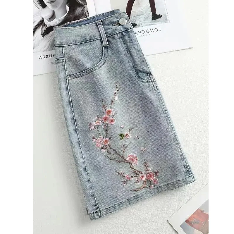 National style Embroidered Denim Short Skirts, For Women Clothing, 2024 Spring Summer New High Waist Jeans Skirt